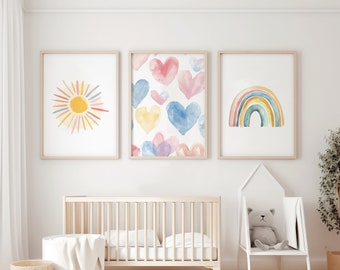 Pastel Rainbow Sun Hearts Nursery Art Prints Set of 3, Colorful Weather Wall Art, Pink Nursery Decor Gift
