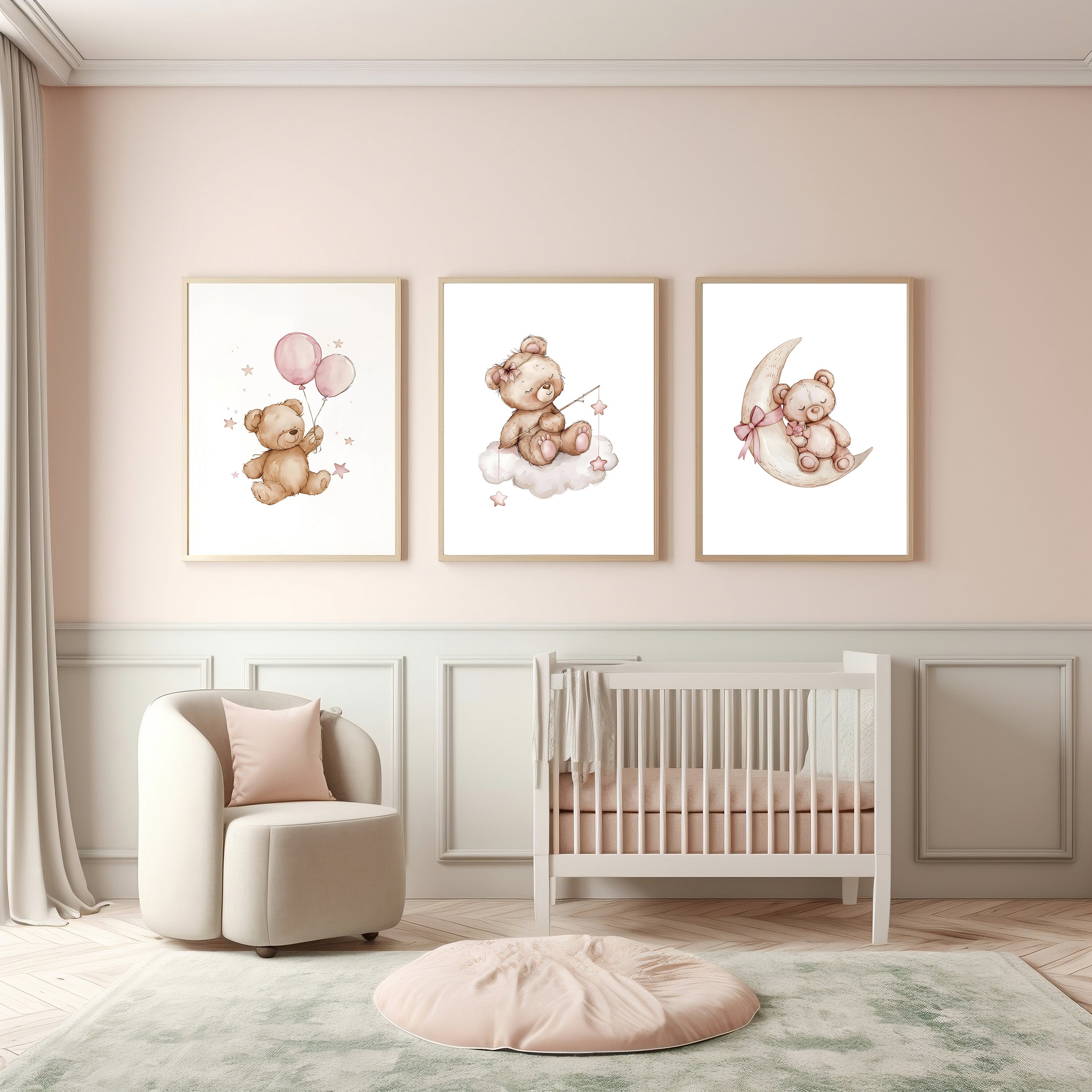 Set of 3 Teddy Bear Print, Baby Girl Nursery Poster, Pink Balloon Wall ...