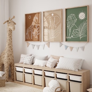 Set of 3 Boho Safari Line Art - Minimalist Jungle Animal Prints for Nursery Decor - Lion, Elephant, Giraffe Kids Wall Art Prints