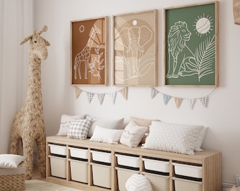 Set of 3 Boho Safari Line Art - Minimalist Jungle Animal Prints for Nursery Decor - Lion, Elephant, Giraffe Kids Wall Art Prints