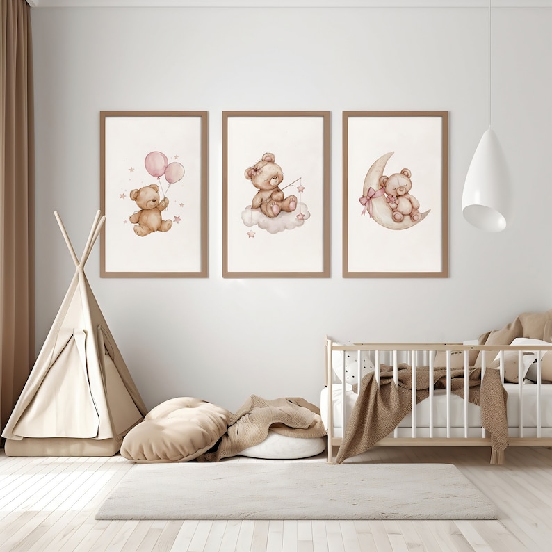 Set of 3 Teddy Bear Print, Baby Girl Nursery Poster, Pink Balloon Wall ...