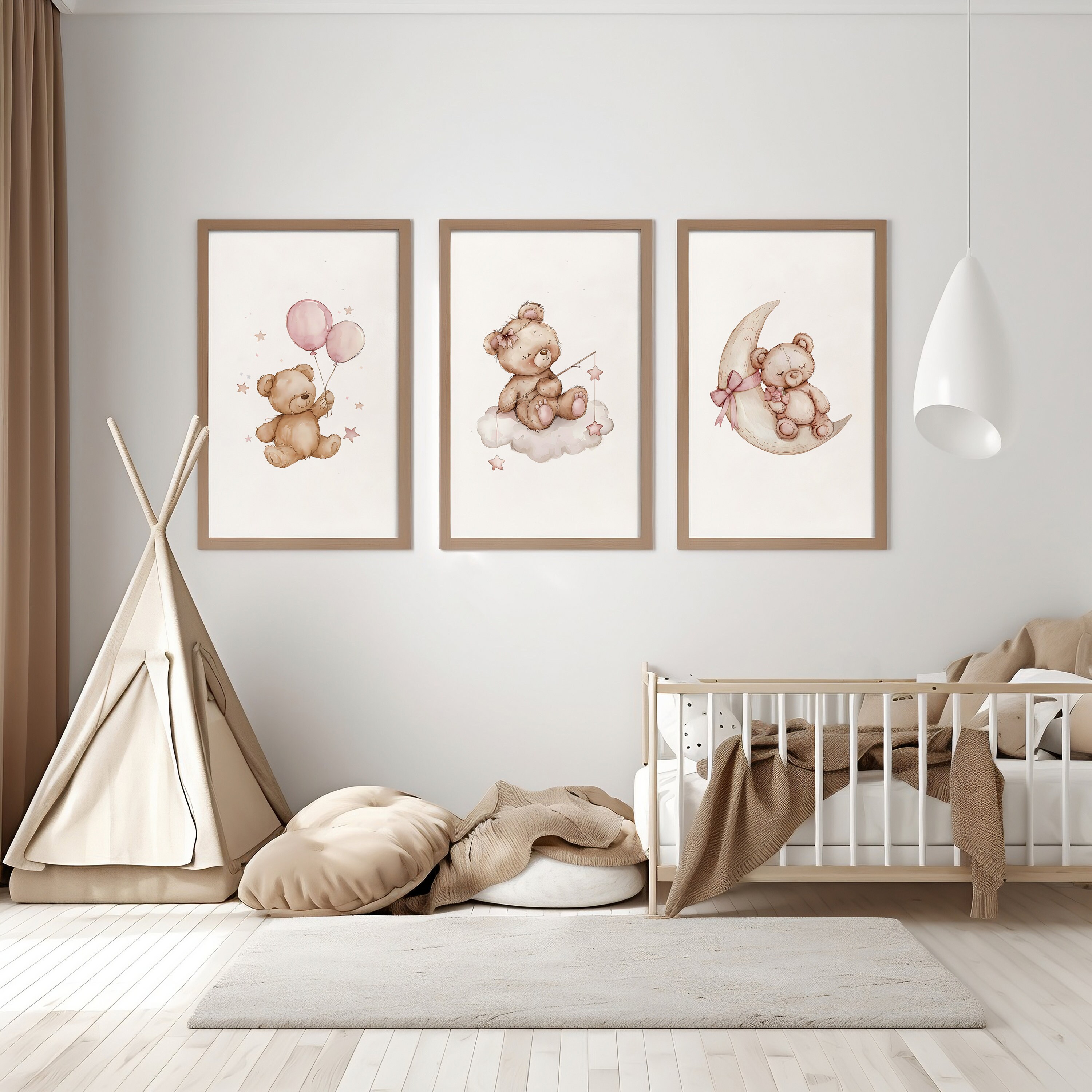 Set of 3 Teddy Bear Print, Baby Girl Nursery Poster, Pink Balloon Wall ...
