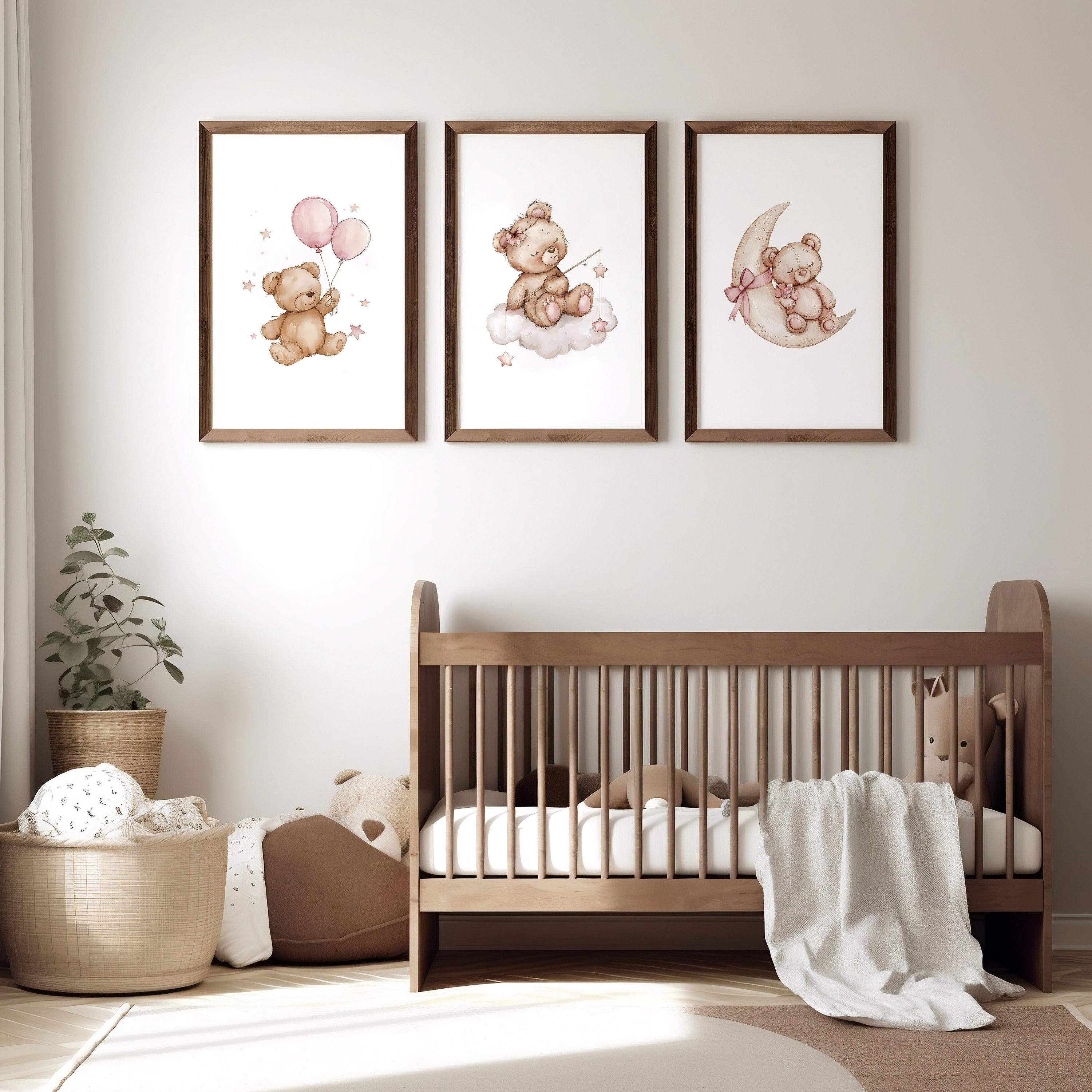 Set of 3 Teddy Bear Print, Baby Girl Nursery Poster, Pink Balloon Wall ...