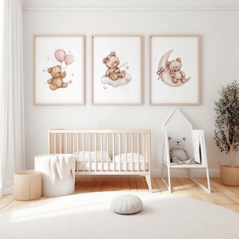 Set of 3 Teddy Bear Print, Baby Girl Nursery Poster, Pink Balloon Wall ...
