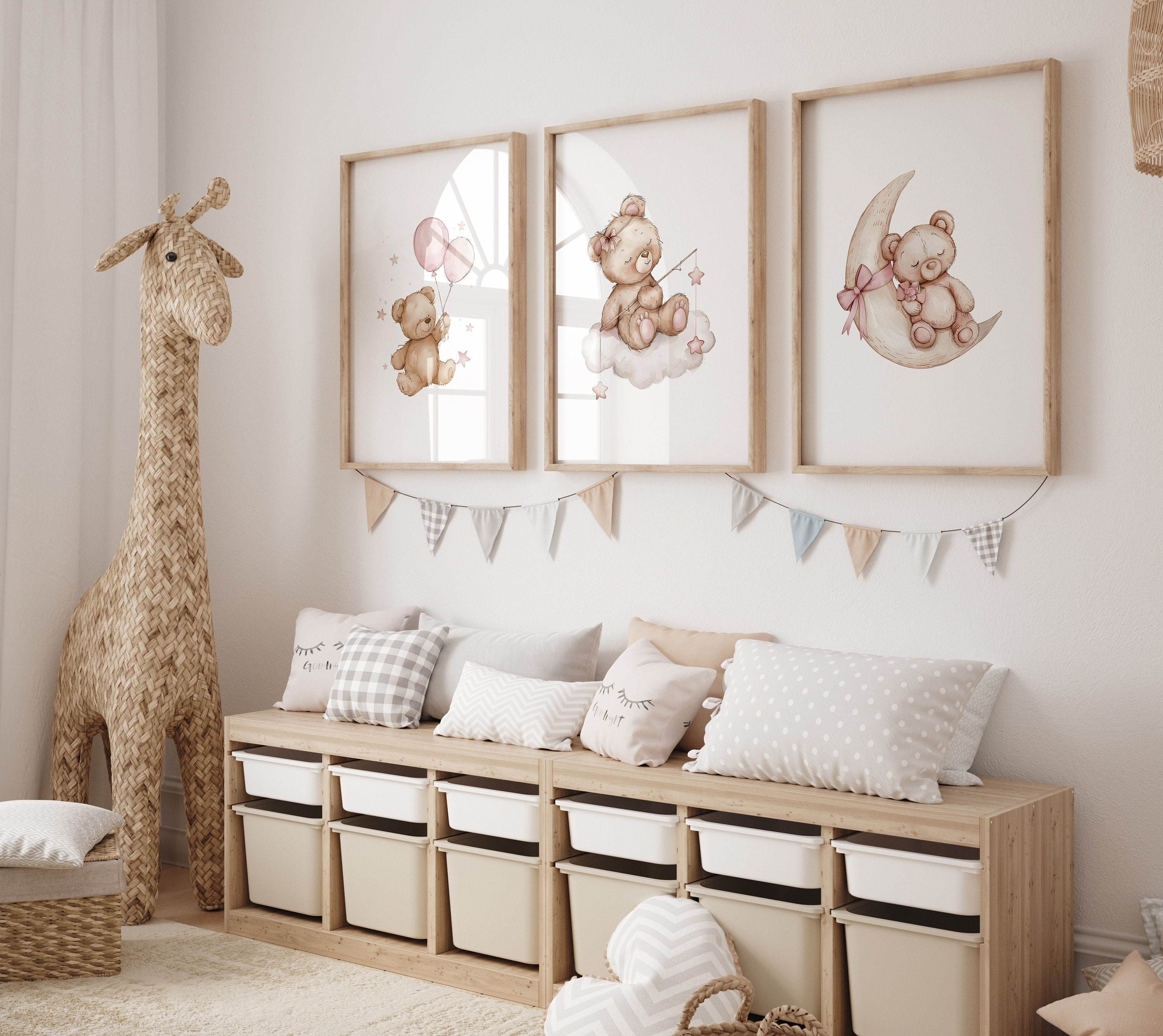 Set of 3 Teddy Bear Print, Baby Girl Nursery Poster, Pink Balloon Wall ...
