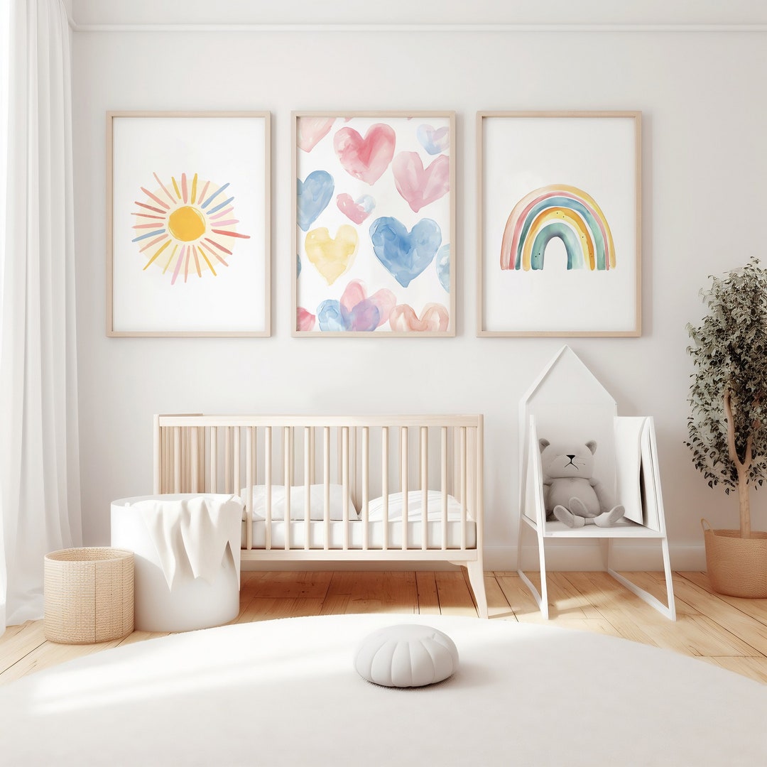 Pastel Rainbow Nursery Art Prints: Sun, Hearts, Weather Set (digital ...