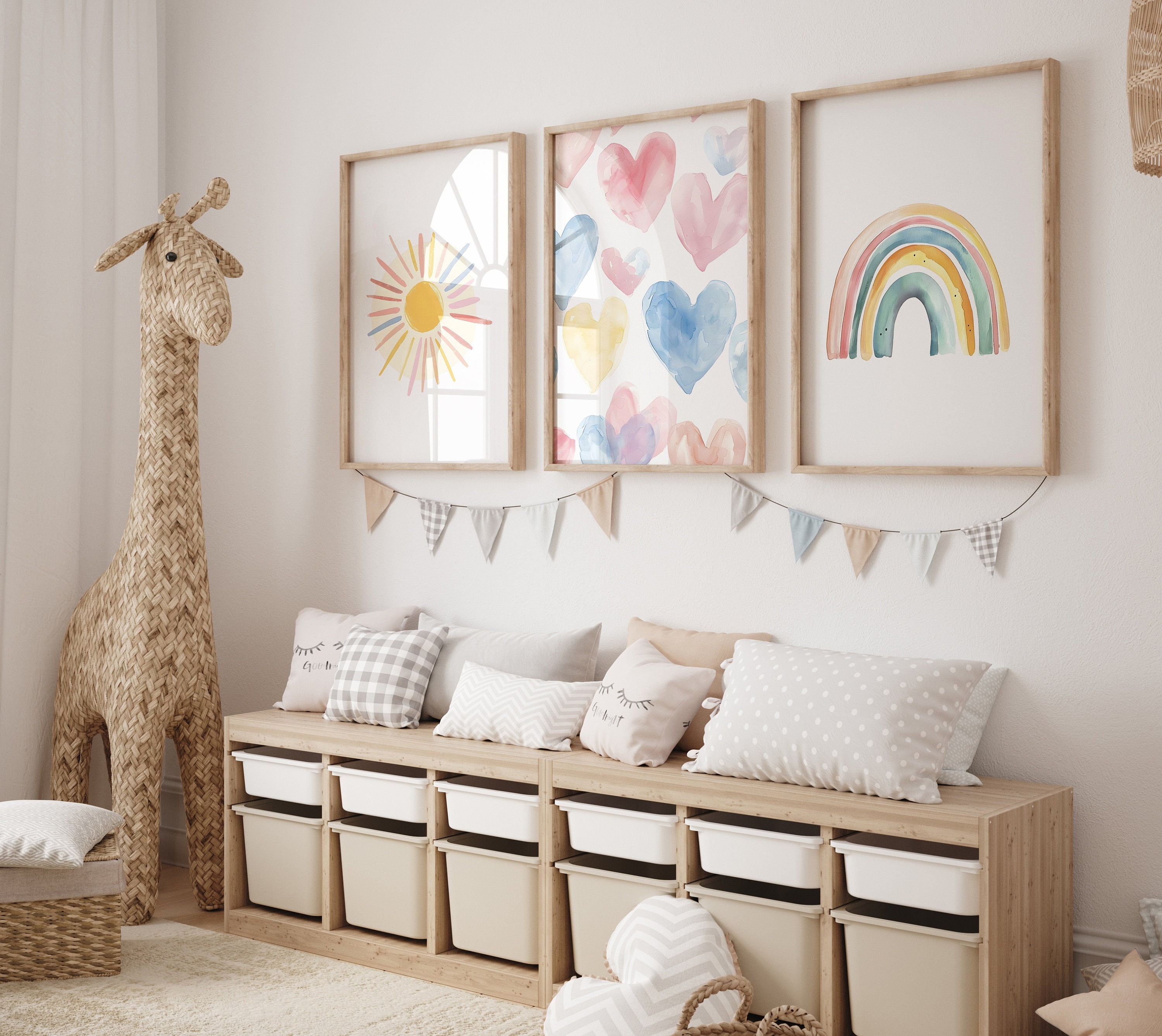 Pastel Rainbow Sun Hearts Set of 3 Nursery Art Prints, Colorful Weather Wall Art for Girls Room, Pink Nursery Decor Gift