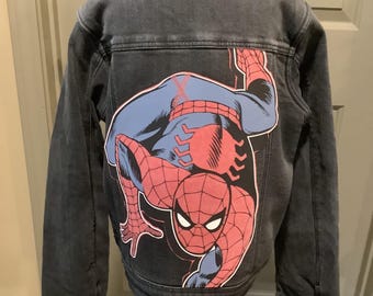 Spider-Man Youth Faux Fur Lined Jean Jacket - Upcycled Large ( 10-12 ).