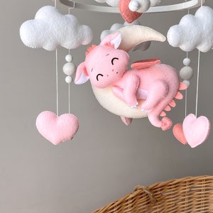 Pink dragon baby mobile Crib mobile with dragon  Felt mobile Dragon nursery
