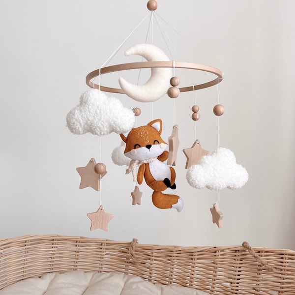 Fox baby mobile Crib mobile with fox, stars and clouds Felt mobile Fox nursery