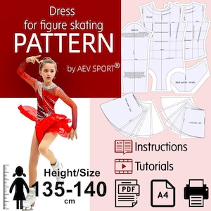 Op de afbeelding: Een kunstschaatsjurk naaipatroon van AEV SPORT voor maten 135-140 cm. Bevat patroondelen voor het lijfje, mouwen en rok, samen met instructies en tutorials. Het ontwerp toont een rode jurk met kristallen versieringen.