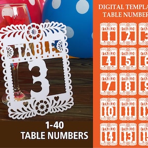 May include: A white paper table number card featuring a die-cut floral border and the number 3, displayed alongside a digital template preview showing numbers 1 through 15 with the text DIGITAL TEMPLATE TABLE NUMBERS and 1-40 TABLE NUMBERS.