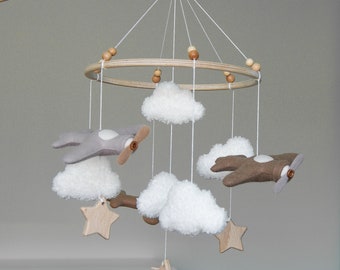 Airplane mobile Crib mobile with plane stars and clouds Felt mobile Travel nursery nursery