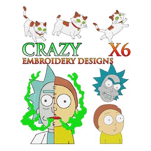 May include: A digital collection of six embroidery designs featuring three white and orange cats, a split-face character with green energy, a spiky-haired character head, and a round-faced character, with the text CRAZY EMBROIDERY DESIGNS X6.