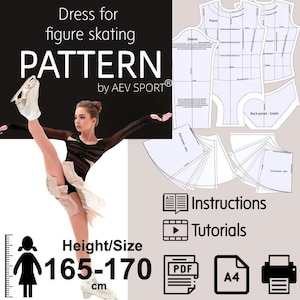 May include: A digital sewing pattern for a figure skating dress by AEV SPORT, featuring a black and beige dress design, white paper pattern templates, and text including Dress for figure skating PATTERN, Instructions, Tutorials, and 165-170 cm.
