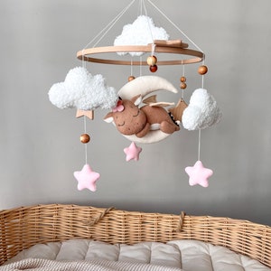 Baby dragon baby mobile Crib mobile with  pink dragon, stars and clouds Felt mobile Magic forest theme nursery