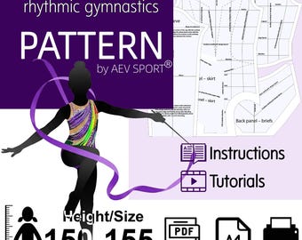 May include: A digital sewing pattern for a rhythmic gymnastics leotard by AEV SPORT. The image displays a silhouette of a gymnast with a ribbon, technical pattern pieces, text reading Leotard for rhythmic gymnastics, Instructions, and Tutorials, and a size indicator of 150-155 cm. Includes PDF, A4, and printer icons.