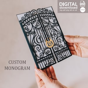 May include: A black laser-cut paper gate invitation cover featuring intricate scrollwork and a central gold-colored heart-shaped padlock cutout. The design overlays a white card with printed text, and the digital file includes SVG, PDF, PNG, DXF, and AI formats.