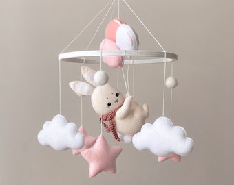 Bunny baby mobile Crib mobile with bunny , stars and clouds Felt mobile bunny nursery