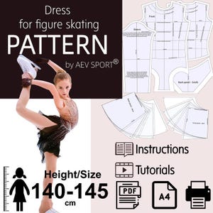 Può includere: Un cartamodello digitale per abito da pattinaggio artistico di AEV SPORT, con modelli per maniche, corpetto e gonne. Il set include istruzioni, video tutorial e file PDF per la stampa in formato A4, per altezze comprese tra 140 e 145 cm.