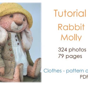 Pode incluir: Um coelho de pelúcia com um chapéu amarelo, um vestido branco e uma jaqueta bege texturizada. O texto diz: Tutorial Rabbit Molly, 324 photos, 79 pages, Clothes - pattern only, PDF. O coelho tem pelo rosado e orelhas longas e caídas.