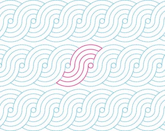 以下が含まれることがあります： 白い背景に、ティール色の破線が重なり合う波の形を形成する幾何学模様が繰り返されています。中央の波の要素が1つだけマゼンタで強調されており、周囲のティール色のパターンと対照的になっています。