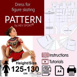 May include: A digital sewing pattern for a figure skating dress by AEV SPORT, featuring a red and gold costume on a skater, technical pattern pieces, and text including Dress for figure skating, Instructions, Tutorials, PDF, A4, and 125-130 cm.