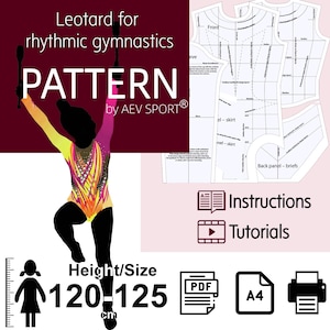 Pode incluir: Molde de costura digital para um collant de ginástica rítmica da AEV SPORT. Inclui instruções, tutoriais e ficheiros PDF A4. Mostra a silhueta de uma ginasta com um collant amarelo, laranja e rosa, para uma altura de 120-125 cm.