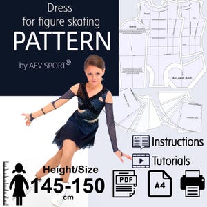 Può includere: Un cartamodello per abito da pattinaggio artistico di AEV SPORT per altezze di 145-150 cm. Include istruzioni in PDF, tutorial e modelli stampabili in A4. Il design presenta un corpetto blu scuro con dettagli scintillanti e una gonna.