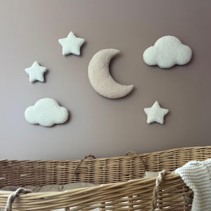 Wall decor clouds moon and stars boucle Nursery neutral gender decor Soft wall decor Moon clouds decor walls Hanging walls decor nursery