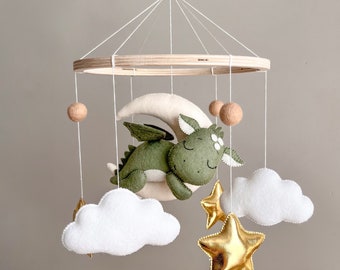 Grüner Drache Baby mobile Mobile mit Drachen, Sternen und Wolken Filz Mobile Dragon Kinderzimmer