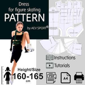May include: A digital sewing pattern for a figure skating dress by AEV SPORT. Includes white paper pattern pieces for a bodice, sleeves, and skirt, with text labels. Features instructions, tutorials, PDF format, and A4 printing for heights 160-165 cm.