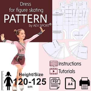 Könnte beinhalten: Ein digitales Schnittmuster für ein Eiskunstlaufkleid von AEV SPORT, mit einem rosa-braunen Kleid mit Pfeilgrafiken, technischen Schnittteilen, Anleitungen und Tutorials für eine Körpergröße von 120-125 cm, als druckbare PDF-Datei.