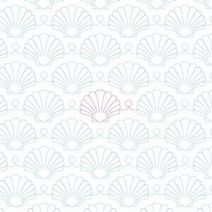 May include: A repeating pattern of light blue dashed-line seashell outlines on a white background, featuring a single solid pink seashell outline positioned centrally within the grid of blue shells, creating a distinct visual contrast.