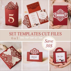 Könnte beinhalten: Ein Set aus sechs digitalen Vorlagen für lasergeschnittene Papierwaren, darunter eine Tischnummer, Hochzeitseinladung, Umschlag, Platzkarte und Gastgeschenkbox. Die Designs zeigen filigrane rote und weiße Muster sowie Text.