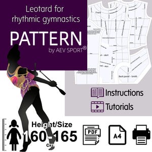 May include: A digital sewing pattern for a rhythmic gymnastics leotard by AEV SPORT. The image displays a silhouette of a gymnast, technical pattern pieces, and text including Leotard for rhythmic gymnastics, Instructions, Tutorials, and Height/Size 160-165 cm.