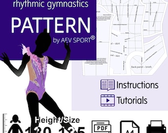 May include: A digital sewing pattern for a rhythmic gymnastics leotard by AEV SPORT. Includes white paper pattern pieces, instructions, and tutorials. The graphic shows a purple leotard design for heights 130-135 cm, with PDF, A4, and printer icons.