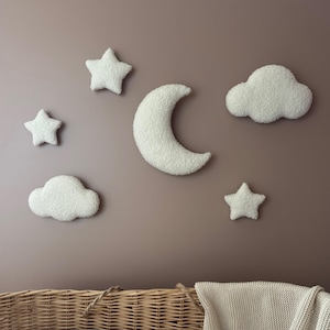 Wall decor clouds moon and stars boucle Nursery neutral gender decor Soft wall decor Moon clouds decor walls Hanging walls decor nursery