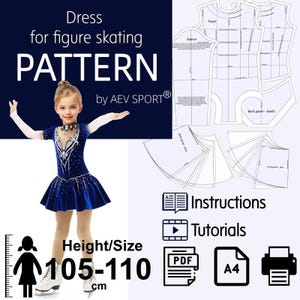 May include: A digital sewing pattern for a figure skating dress by AEV SPORT. The image displays a blue skating dress with white sleeves and crystal embellishments, alongside technical pattern pieces, instructions, and tutorial icons for A4 printing.