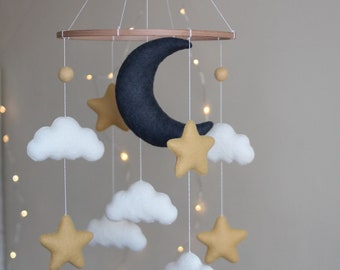Moon baby mobile Crib mobile with moon, stars and clouds Felt mobile moon nursery
