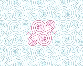 以下が含まれることがあります： 白い背景にティール色の破線で描かれた渦巻き模様が繰り返されており、画像の中央には際立ったマゼンタ色の螺旋デザインが一つ配置されています。マゼンタ色のデザインは、相互に接続された鏡像の螺旋形2つで構成されています。
