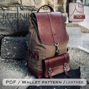 May include: A brown canvas and leather backpack featuring a large top flap with a metal clasp, a front pocket with two buckle straps, and a top handle. The design includes a PDF icon and text indicating a PDF wallet pattern for leather crafting.