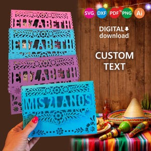 May include: A set of four rectangular paper cutouts featuring intricate floral borders and custom text. The top three display the name ELIZABETH in pink, light blue, and purple, while the bottom blue cutout displays the text MIS 21 ANOS.