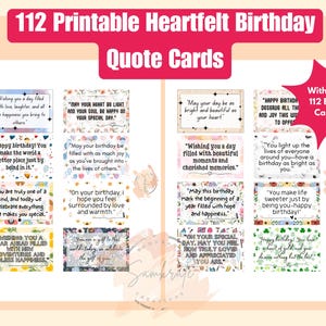 112 tarjetas imprimibles con frases de cumpleaños emotivas, tarjetas de cumpleaños, adornos para diarios, collages, efímeras, pegatinas y citas.