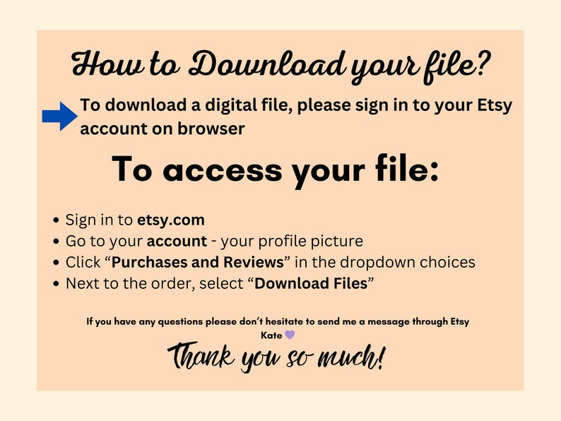 Op de afbeelding: Een roze en witte afbeelding met instructies over hoe je een digitaal bestand van Etsy kunt downloaden. De tekst luidt "Hoe download ik mijn bestand?" en "Om toegang te krijgen tot uw bestand:" gevolgd door een lijst met stappen. De tekst bevat ook "Bedankt!"
