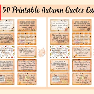 Puede incluir: 50 tarjetas imprimibles con citas de otoño. Cada tarjeta presenta una cita sobre el otoño en un marco decorativo, con ilustraciones temáticas de otoño. Las tarjetas están dispuestas sobre un fondo crema.