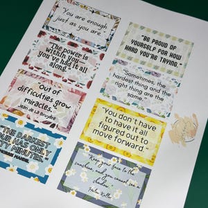 Peut inclure: Huit cartes de citations motivantes imprimables avec des motifs floraux. Les citations incluent : "Tu es assez tel que tu es." "Le pouvoir est en toi - tu l'as toujours eu." "Des difficult&eacute;s naissent les miracles." "L'heure la plus sombre ne dure que soixante minutes." "Soyez fier de vous pour vos efforts." "Parfois, la chose la plus difficile et la bonne chose sont la m&ecirc;me." "Vous n'avez pas besoin d'avoir tout compris pour avancer." "Tournez votre visage vers le soleil, et vous ne pourrez pas voir l'ombre."