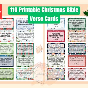 以下が含まれることがあります： 印刷可能なクリスマス聖書詩のカード110枚セット。カードは、赤、緑、金などのクリスマスをテーマにした色で、さまざまな華やかなデザインが施されています。各カードには聖書詩と、その詩が書かれている書物と章が記載されています。