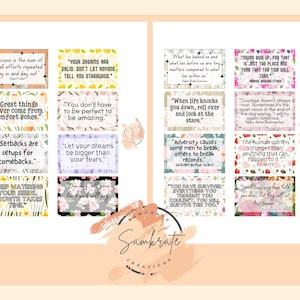 Peut inclure: Un ensemble de 12 cartes de citations inspirantes imprimables avec des motifs floraux. Les citations incluent : "Le succ&egrave;s est la somme de petits efforts r&eacute;p&eacute;t&eacute;s jour apr&egrave;s jour", "Vos r&ecirc;ves sont valables. Ne laissez personne vous dire le contraire", "Les grandes choses ne viennent jamais de la zone de confort", "Vous n'avez pas besoin d'&ecirc;tre parfait pour &ecirc;tre incroyable", "Les revers sont des pr&eacute;parations pour les retours", "Laissez vos r&ecirc;ves &ecirc;tre plus grands que vos peurs", "Ce qui est derri&egrave;re nous et ce qui est devant nous sont des choses insignifiantes compar&eacute;es &agrave; ce qui est en nous", "N'abandonnez jamais, car c'est pr&eacute;cis&eacute;ment le moment et le lieu o&ugrave; le vent va tourner", "Quand la vie vous frappe, roulez-vous sur le dos et regardez les &eacute;toiles", "L'adversit&eacute; am&egrave;ne certains hommes &agrave; se briser ; d'autres &agrave; battre des records", "Le courage ne rugit pas toujours. Parfois, c'est la voix douce &agrave; la fin de la journ&eacute;e qui dit : 'Je vais essayer encore demain.'", "L'esprit humain est plus fort que tout ce qui peut lui arriver."