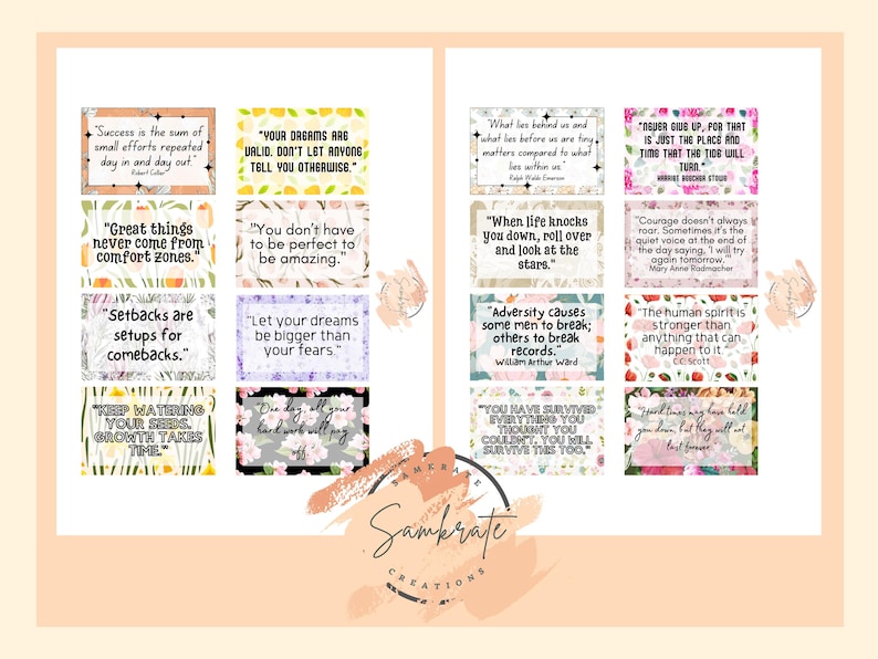 Peut inclure: Un ensemble de 12 cartes de citations inspirantes imprimables avec des motifs floraux. Les citations incluent : "Le succ&egrave;s est la somme de petits efforts r&eacute;p&eacute;t&eacute;s jour apr&egrave;s jour", "Vos r&ecirc;ves sont valables. Ne laissez personne vous dire le contraire", "Les grandes choses ne viennent jamais de la zone de confort", "Vous n'avez pas besoin d'&ecirc;tre parfait pour &ecirc;tre incroyable", "Les revers sont des pr&eacute;parations pour les retours", "Laissez vos r&ecirc;ves &ecirc;tre plus grands que vos peurs", "Ce qui est derri&egrave;re nous et ce qui est devant nous sont des choses insignifiantes compar&eacute;es &agrave; ce qui est en nous", "N'abandonnez jamais, car c'est pr&eacute;cis&eacute;ment le moment et le lieu o&ugrave; le vent va tourner", "Quand la vie vous frappe, roulez-vous sur le dos et regardez les &eacute;toiles", "L'adversit&eacute; am&egrave;ne certains hommes &agrave; se briser ; d'autres &agrave; battre des records", "Le courage ne rugit pas toujours. Parfois, c'est la voix douce &agrave; la fin de la journ&eacute;e qui dit : 'Je vais essayer encore demain.'", "L'esprit humain est plus fort que tout ce qui peut lui arriver."